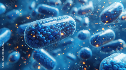 Blue medicine pill capsules falling elegantly against a blue background, representing antibiotics. The illustration underscores the critical role of antibiotics in healthcare