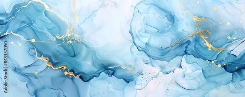 Elegant blue and gold alcohol ink abstract painting with fluid texture
