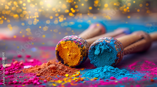 Colorful powder and wooden sticks arranged on a table for a vibrant art project.