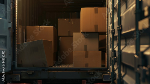 close-up of the truck's background. All loaded with boxes and one of the boxes is open.generative ai