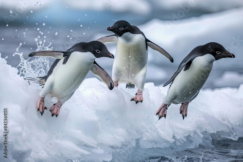 Adelie penguins leaping out of the water onto an ice edge in their natural habitat