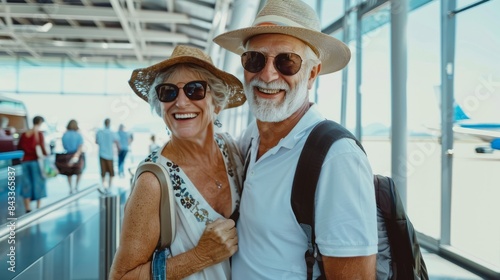 Cheerful senior couple ready to go travelling together. Retired man and woman waiting to board a plane at an airport. Summer vacation and holidays older people. hyper realistic 