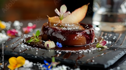Gourmet foie gras dish with a rich red wine reduction and caramelized pear, garnished with edible flowers and a sprinkle of sea salt, served on a sleek black slate AI GENERATIVE hyper realistic 
