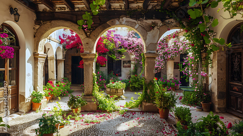 A courtyard with a lot of flowers and plants