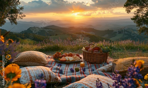 A Romantic Picnic Setting with a Blanket, Cushions, and a Basket of Fresh Fruits and Cheese