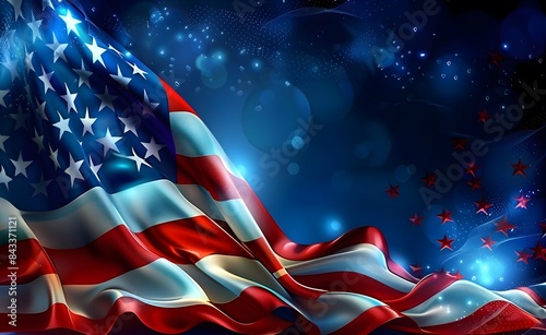 Illustration of American flag with sparkling lights bokeh background, USA independence day patriotic national pride freedom concept