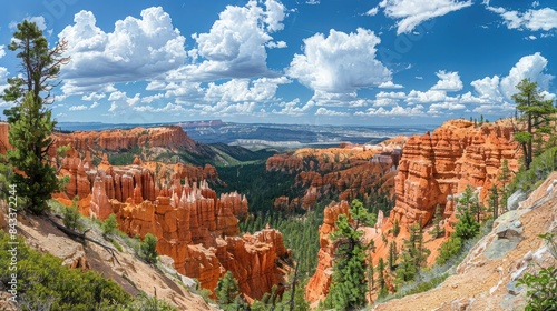 Stunning panoramic view of Bryce Canyon National Park with vibrant red rock formations, green trees, and a brilliant blue sky with fluffy white clouds.