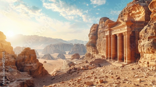 Stunning view of ancient Petra, Jordan. The rock-carved city reveals its majestic architecture and historical significance under a vibrant sky.