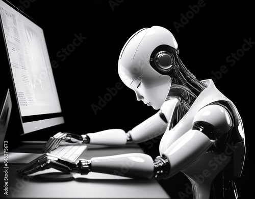 デスクトップパソコンの前で仕事中に居眠りをする人工知能ロボット 黒背景
