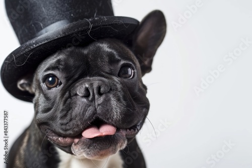 French Bulldog with a Bowler Hat and a Cheeky Grin: A French Bulldog donning a fashionable bowler hat, flashing a cheeky grin with a tilted head, showcasing its playful personality