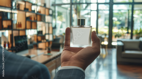 mockup, white square perfume bottle held by a man in a suit, Ai generated Images
