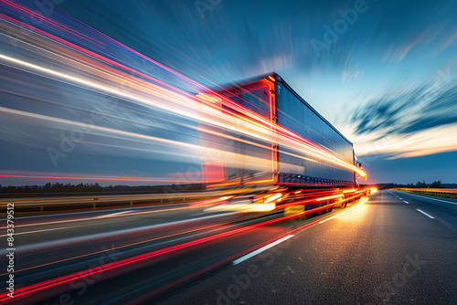 Semi-truck moving on a highway at night with motion blur and light trails, representing transportation and logistics