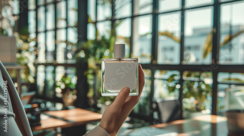 mockup white square perfume bottle held by a woman in a suit, Ai generated Images