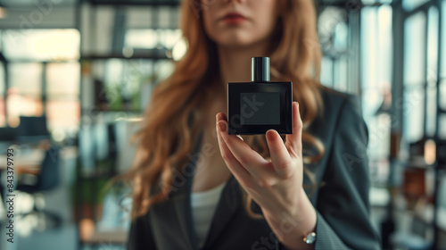 mock up of a black square perfume bottle held by a woman in a suit, Ai generated images