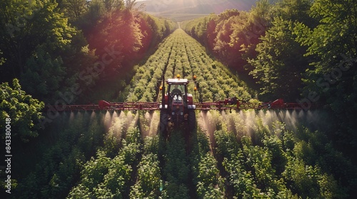 Rear view of farming machine with huge spray fan spreading chemicals and tending to hazelnut plants with weed killer and plant food.