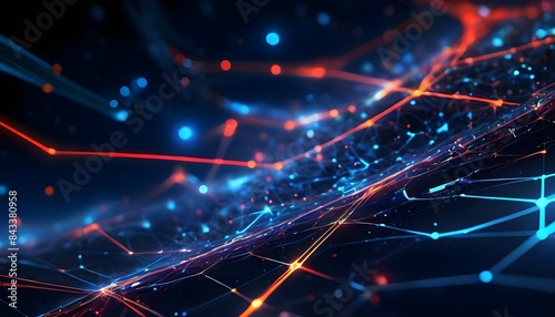 Create an abstract digital artwork that features a futuristic network of interconnected points and lines, glowing with vibrant blue and red hues. The background should be a dark, deep blue, giving a s