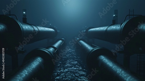 Efficiently move gas or oil through oceanic pipelines in a minimalistic design, set against a deep blue background, showcasing the idea of industrial underwater structures. 3D Visualization