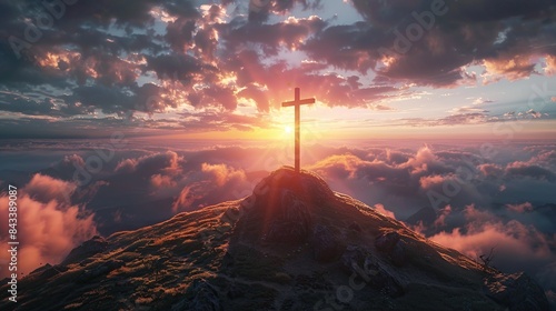 cross standing on a mountain peak during sunrise