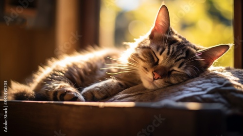 A serene tabby cat peacefully sleeping on a cozy blanket by the window, with the warm sunlight creating a tranquil atmosphere.