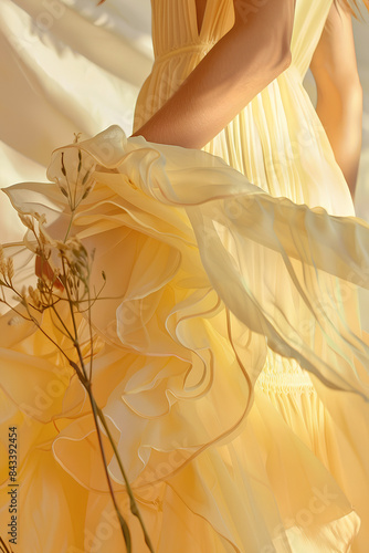 Butter yellow maxi dress - A closeup of the dress, the yellow chiffon fabric flowing in soft waves around her figure. The background is a sunlit studio with pastel colored walls and large windows al