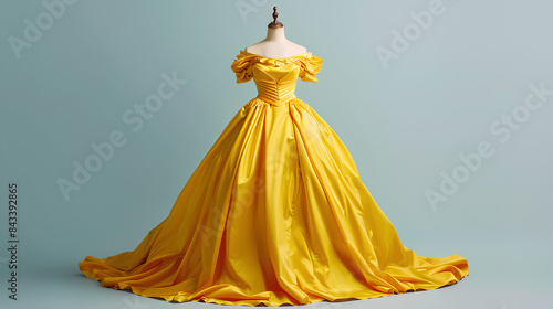 Butter yellow maxi dress - A yellow satin ball gown with off-the-shoulder sleeves, on an empty mannequin for display. The full-length dress has a train at the back, giving it a classic silhouette.