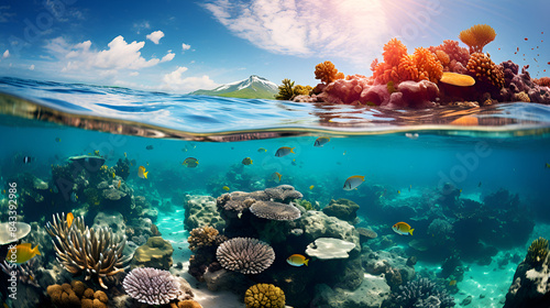 Underwater view of vibrant coral reefs teeming with colorful tropical fish.