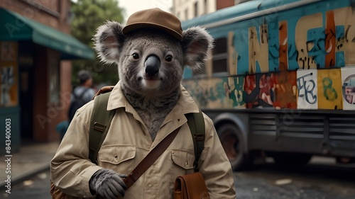 Meet the koala detective, sporting a classic beige gabardine Sherlock Holmes's hat and a trusty backpack by its side. This character development prompt calls for a realistic yet stylized illustration,