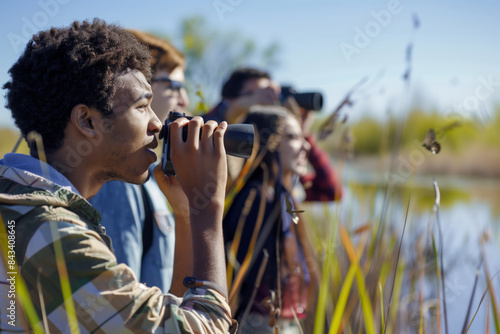 Diverse Group of Students Observing Birds with Binoculars