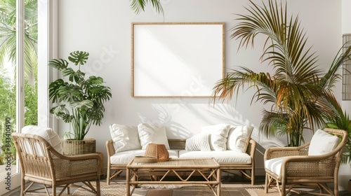 An airy sunroom with a rattan frame with copy space on a white wall, beside wicker furniture and potted palms.
