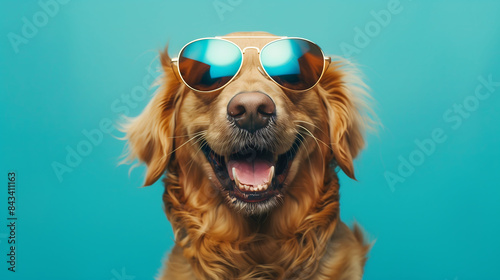 A cheerful golden retriever with aviator glasses and a toothy grin against a vibrant blue background