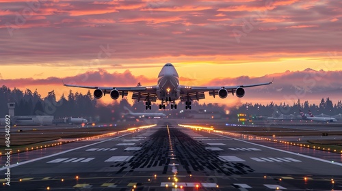 A large jetliner taking off from an airport runway at sunset or dawn, with the landing gear down as the plane is about to take off