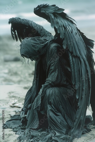 close up of a black cloaked Angel with large black wings praying on a beach, 1902 grainy photo,eerie,scary,