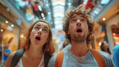 realistic photo of people looking up shocked at an indoor theme park