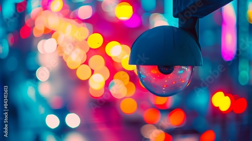 A security camera overlooking a brightly lit street with colorful bokeh from vehicle lights.
