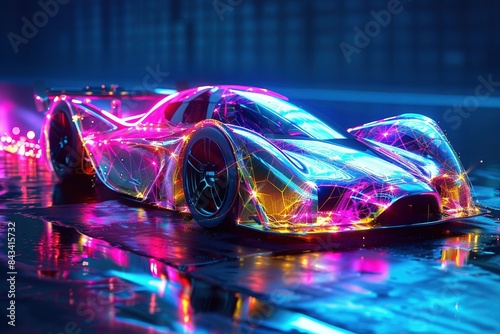 A holographic projection showcases a dazzling futuristic supercar formed by a colorful magnetar.