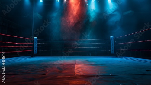 An empty professional boxing ring in the dark, illuminated by a spotlight. Sport background