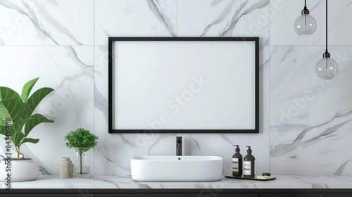 A modern bathroom with a black frame with copy space on a marble wall, above a floating vanity with sleek black fixtures.