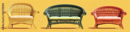Set of outdoor garden rattan sofa armchair cutout two seater sofa isolated on yellow background, generated AI, modern furniture design, industrial design, rejuvenation, 4k HD wallpaper, background, ge