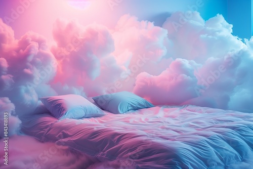 A bed with a blanket and pillows floating in the sky among the clouds