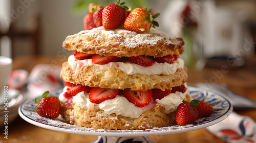  A layered strawberry shortcake with layers of delicate scones, fluffy cream and fresh strawberries, beautifully presented on an elegant cake stand. Strawberry daiquiri