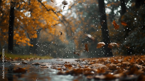 landscape autumn rain drops splashes in the forest background, october weather landscape beautiful park