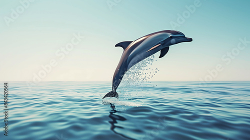 A sleek dolphin leaping out of the ocean under a clear blue sky