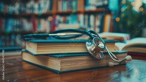 Medical textbook and stethoscope on desk