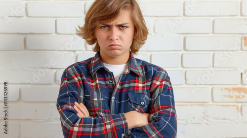 Young boy with long hair and a plaid shirt stands with his arms crossed, looking sullen and defiant against a white brick wall.