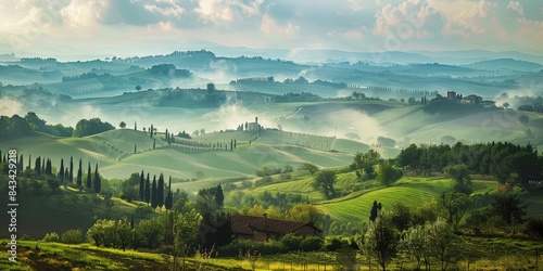 A breathtaking view of rolling hills in Tuscany, Italy, with mist rising from the valleys