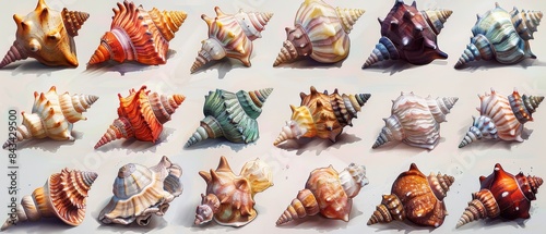 The spiral shells of mollusks in an aquarium or underwater wildlife, brightly colored conch neatly illustrated in modern format
