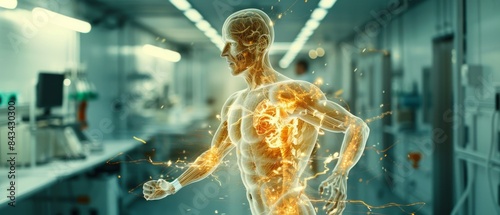 The running man is shown with an interface for medical analysis and sport science technologies