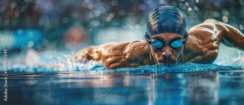 Swimming freestyle strokes in a pool provides a dynamic image that portrays the concept of professional sport, health, endurance, strength, and an active lifestyle.
