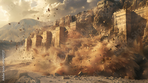 Destruction of Jericho. Crumbling medieval castle fort walls. Biblical Catastrophe Unveiled: Detailed Interpretation of the Iconic Collapse of Jericho's Defenses. walls of Jericho collapsing