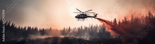 Helicopter dropping water to extinguish flames in a forest fire emergency